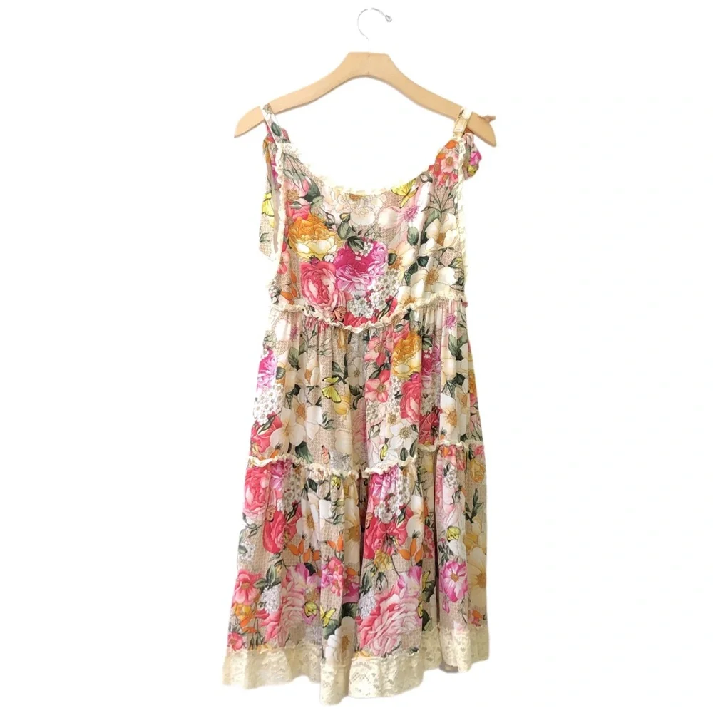 Emamo Vintage Silk Tan Pink Floral Ruffle Lace Shabby Chic Babydoll Dress S - Picture 2 of 9